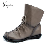 Xajzpa - Plus Size Genuine Leather Women Boots Autumn Winter Fashion Pleated Ankle Boots Warm Soft Outdoor Casual Flat Shoes For Ladies