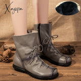 Xajzpa - Plus Size Genuine Leather Women Boots Autumn Winter Fashion Pleated Ankle Warm Soft