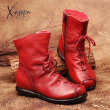 Xajzpa - Plus Size Genuine Leather Women Boots Autumn Winter Fashion Pleated Ankle Warm Soft