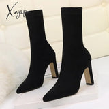 Xajzpa - Plus Size High Heel Boots Sock Women Flock Shoes Sexy Party Thick Heel Ankle Booties Female Winter Pointed Toe Boots Shoes