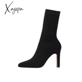 Xajzpa - Plus Size High Heel Boots Sock Women Flock Shoes Sexy Party Thick Ankle Booties Female