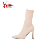 Xajzpa - Plus Size High Heel Boots Sock Women Flock Shoes Sexy Party Thick Ankle Booties Female