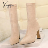 Xajzpa - Plus Size High Heel Boots Sock Women Flock Shoes Sexy Party Thick Ankle Booties Female