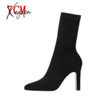 Xajzpa - Plus Size High Heel Boots Sock Women Flock Shoes Sexy Party Thick Ankle Booties Female