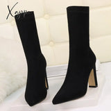 Xajzpa - Plus Size High Heel Boots Sock Women Flock Shoes Sexy Party Thick Ankle Booties Female