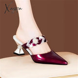 Xajzpa - Pointed Designer Slides Fashion Rhinestones Non-Slip Women Slippers Elegant High Heel