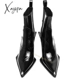 Xajzpa - Pointed Toe Black Wedge Chelsea Boots Chunky Patent Leather Elastic Versatile Silver