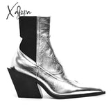 Xajzpa - Pointed Toe Black Wedge Chelsea Boots Chunky Patent Leather Elastic Boots Versatile Silver Sleeve Booties