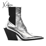 Xajzpa - Pointed Toe Black Wedge Chelsea Boots Chunky Patent Leather Elastic Versatile Silver
