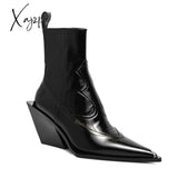 Xajzpa - Pointed Toe Black Wedge Chelsea Boots Chunky Patent Leather Elastic Versatile Silver