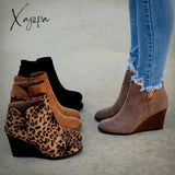 Xajzpa - Pointed Toe Booties Winter Women Leopard Ankle Boots Lace Up Footwear Platform High Heels