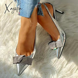 Xajzpa - Pointed Toe Studded Bowknot Slingback Thin Heels