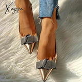 Xajzpa - Pointed Toe Studded Bowknot Slingback Thin Heels