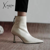 Xajzpa - Pot Big Size 42 Cow Leather Pointed Toe High Heels Chic Design Concise Basic Clothing Dress Warm Wedding Ankle Boots