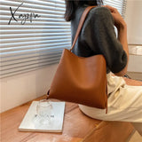 Xajzpa - Pu Leather Women Bucket Shoulder Bag Brand Luxury Solid Color Ladies Handbags Casual