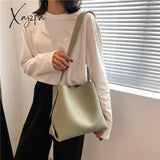 Xajzpa - Pu Leather Women Bucket Shoulder Bag Brand Luxury Solid Color Ladies Handbags Casual