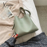 Xajzpa - Pu Leather Women Bucket Shoulder Bag Brand Luxury Solid Color Ladies Handbags Casual