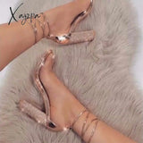 Xajzpa - Pumps Super High Heels Square Heels Lady Shoes Big size 43 2Colour Sexy Women Heeled Sandals Bandage Rhinestone Ankle Strap