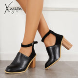 Xajzpa - Retro Black Chunky Stacked High Heels Ankle Strap Boots