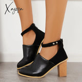 Xajzpa - Retro Black Chunky Stacked High Heels Ankle Strap Boots / 5