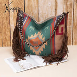 Xajzpa - Retro Canvas Shoulder Bags With Tassel New Pattern National Style Zipper Casual And