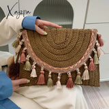 Xajzpa - Retro Square Straw Bag Wicker Envelope Tassels Wrist Pack Handbags 2023 Women Summer Woven