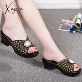 Xajzpa - Rhinestone Genuine Leather Summer Shoes Mother’s Fashion Outdoor Sandals Women’s Large