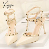 Xajzpa - Rivet High Heels Luxury Designer Women Shoes Ladies Pumps Sexy Spring Summer Fashion Sandals Office Dress White Black Shoes