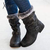 Xajzpa - Round Toe Low Heel Pull-On Fur Booties Black / 5 Boots