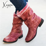 Xajzpa - Round Toe Low Heel Pull-On Fur Booties Red / 5 Boots