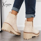 Xajzpa - Round Toe Platform Wedge Chelsea Booties Lug Sole Ankle Boots