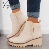 Xajzpa - Round Toe Platform Wedge Chelsea Booties Lug Sole Ankle Boots