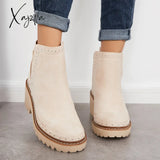 Xajzpa - Round Toe Platform Wedge Chelsea Booties Lug Sole Ankle Boots