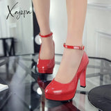 Xajzpa - Sexy Ankle Strap 9Cm High Heels Patent Leather Round Toe Female Platform Summer Shoes