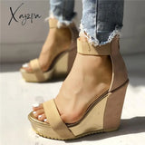 Xajzpa - Sexy Open Toe Back Zipper Wedges Sandals Beige / 5