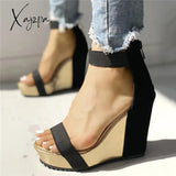 Xajzpa - Sexy Open Toe Back Zipper Wedges Sandals Black / 5