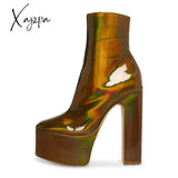 Xajzpa - Sexy Patent Leather Platform Ankle Boots New In Autumn Winter Thick High Heel Pump Suede Black Women's Shoes Illusory Color