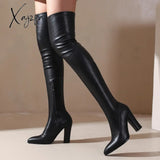 Xajzpa - Sexy Thigh High Boots Women Autumn Winter Elastic Leather Over-the-knee Boots For Women Black Heels Fetish Long Shoes Large Size