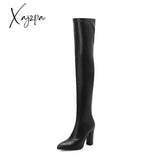 Xajzpa - Sexy Thigh High Boots Women Autumn Winter Elastic Leather Over-The-Knee For Black Heels