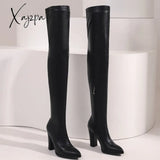 Xajzpa - Sexy Thigh High Boots Women Autumn Winter Elastic Leather Over-The-Knee For Black Heels