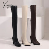 Xajzpa - Sexy Thigh High Boots Women Autumn Winter Elastic Leather Over-The-Knee For Black Heels