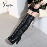 Xajzpa - Sexy Waterproof Knee-Length High-Tube Women’s Boots Thick-Soled Soft Leather Round Toe