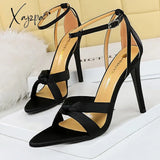 Xajzpa - Shoes Women 11Cm High Heels Summer Pumps Stilettos Sexy Party Satin Hollowed Out Sandals