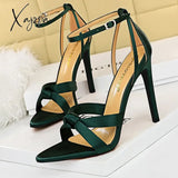 Xajzpa - Shoes Women 11Cm High Heels Summer Pumps Stilettos Sexy Party Satin Hollowed Out Sandals