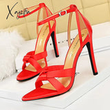 Xajzpa - Shoes Women 11Cm High Heels Summer Pumps Stilettos Sexy Party Satin Hollowed Out Sandals