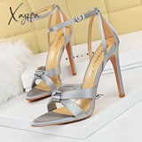 Xajzpa - Shoes Women 11Cm High Heels Summer Pumps Stilettos Sexy Party Satin Hollowed Out Sandals