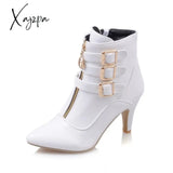 Xajzpa - Shoes Women Boots Spring High Heels Ankle Pointed Toe Buckle Zip Ladies White Big Size Rtg5