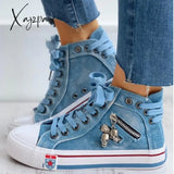 Xajzpa - Shoes Women Canvas Chic High Top Denim Leisure Footwear Womens All-Match Flat Zipper Walk