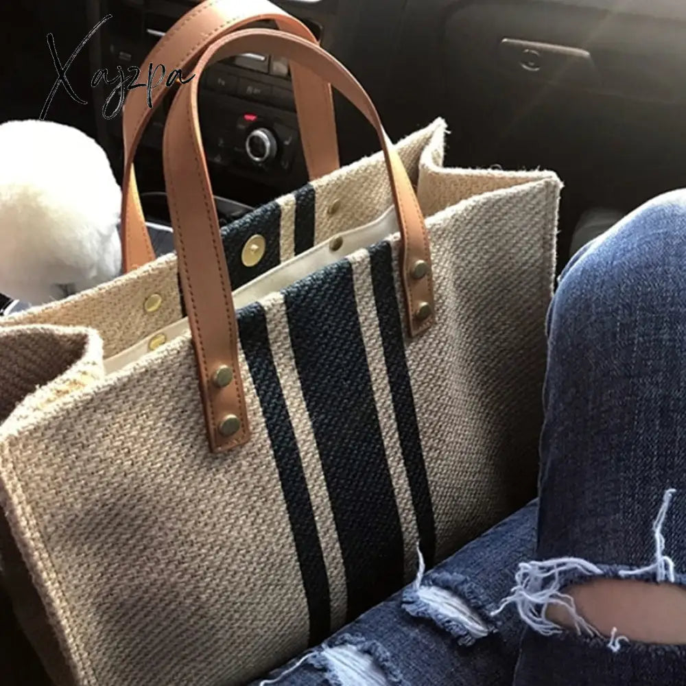 Xajzpa - Simple Fashion Large-Capacity Handbag For Ladies Vintage Striped Tote Female Portable Ol