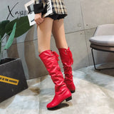 Xajzpa - Size 43 Knee-High Boots Thick Heel Stretch Pu Leather Botas Sweet Thin Leg Long Women